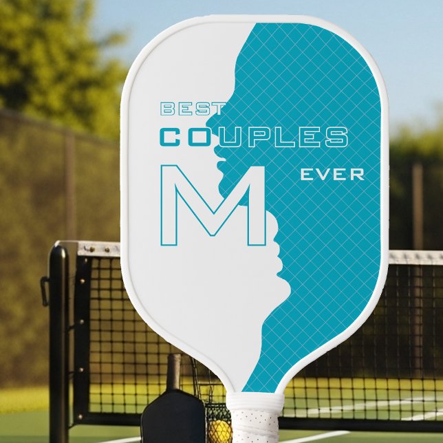 Cyan Best Couples with Monogramed initials w grid Carbon Fiber Pickleball Paddle (Creator Uploaded)