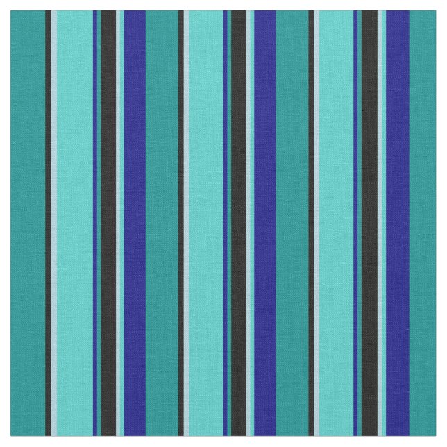 Cyan, Black, Light Blue, Turquoise & Blue Lines Fabric (Close Up)
