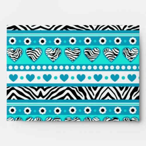 Cyan black  white abstract zebra hearts and dots envelope