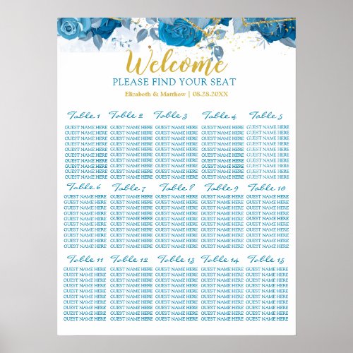 Cyan Blue And Gold Floral Wedding Seating Chart