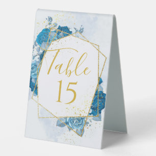 Cyan Blue and Gold Geometric Floral Wedding Table Table Tent