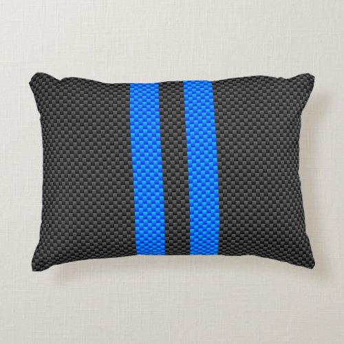 Cyan Blue Carbon Fiber Style Racing Stripes Accent Pillow