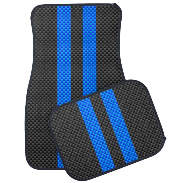 Cyan Blue Carbon Fiber Style Racing Stripes Car Mat (Set)