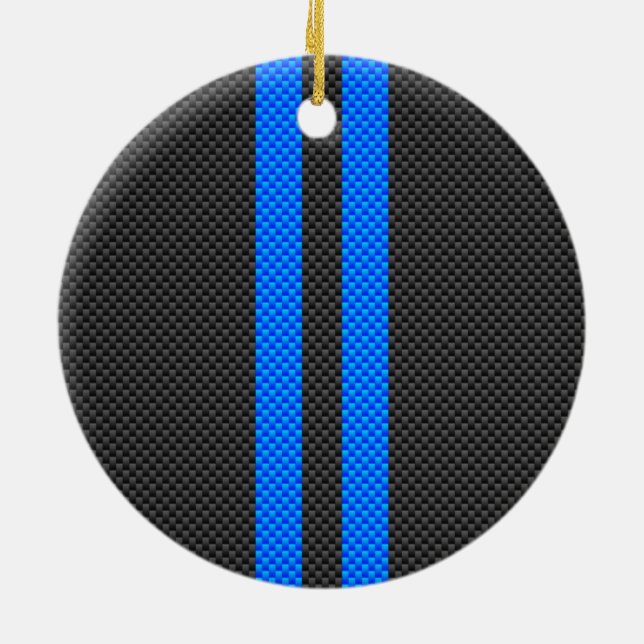 Cyan Blue Carbon Fiber Style Racing Stripes Ceramic Ornament (Back)