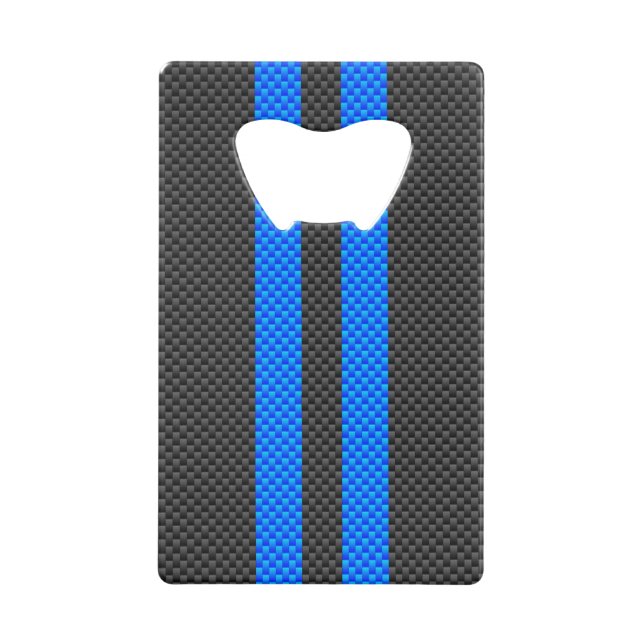 Cyan Blue Carbon Fiber Style Racing Stripes Credit Card Bottle Opener (Back)