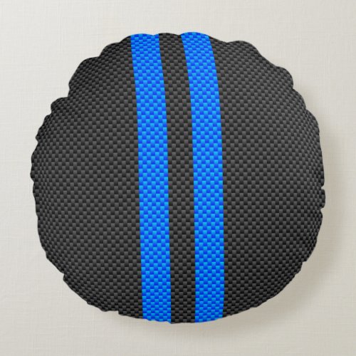 Cyan Blue Carbon Fiber Style Racing Stripes Round Pillow