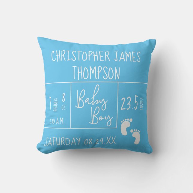 Cyan Blue Custom Baby Boy photo Birth stat Throw Pillow (Front)