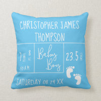 Cyan Blue Custom Baby Boy photo Birth stat Throw Pillow