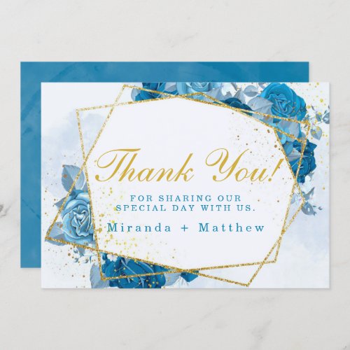 Cyan Blue Floraks And Gold Wedding Thank You Cards