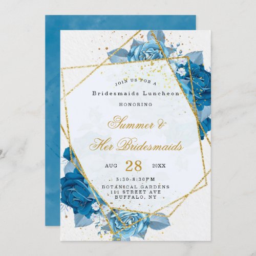 Cyan Blue Floral Geometric Bridesmaids Luncheon Invitation