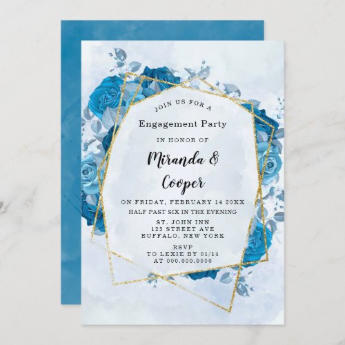 Cyan Blue Florals Gold Geometric Engagement Party Invitation