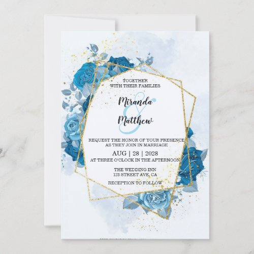 Cyan Blue Florals Gold Geometric Wedding  Invitation