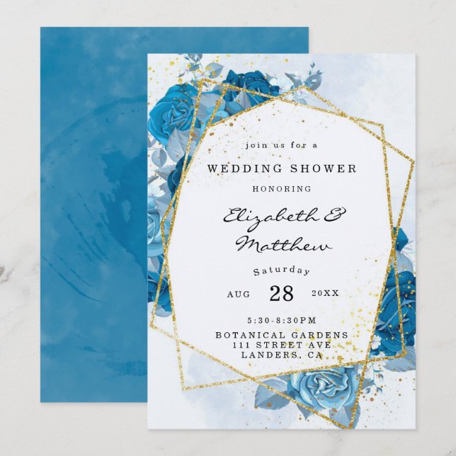 Cyan Blue Florals Gold Geometric Wedding Shower Invitation (Front/Back)