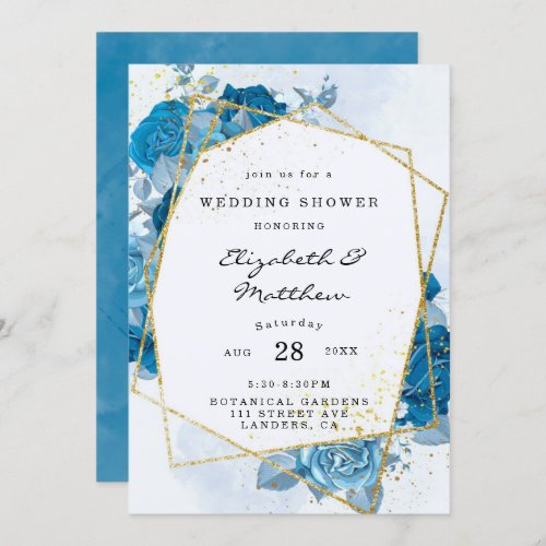 Cyan Blue Florals Gold Geometric Wedding Shower Invitation