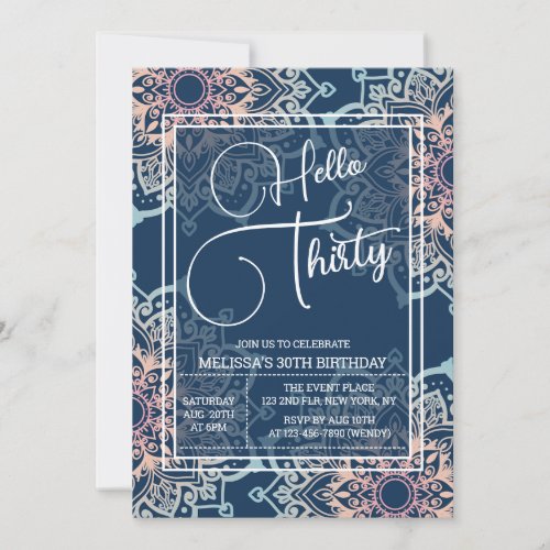 Cyan Blue Flower Mandala 30th Birthday Invitation