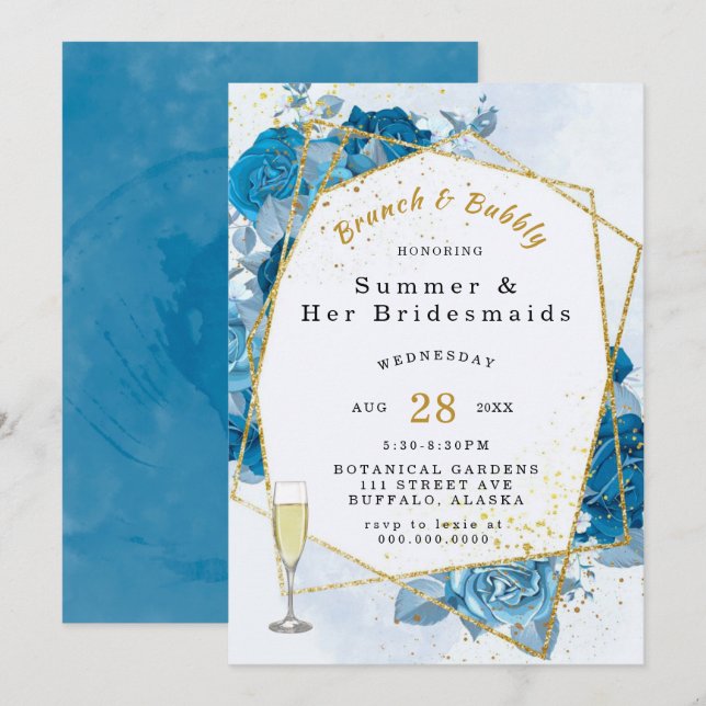 Cyan Blue Gold Geometric Brunch and Bubbly Invitation (Front/Back)