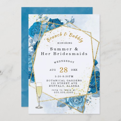 Cyan Blue Gold Geometric Brunch and Bubbly Invitation