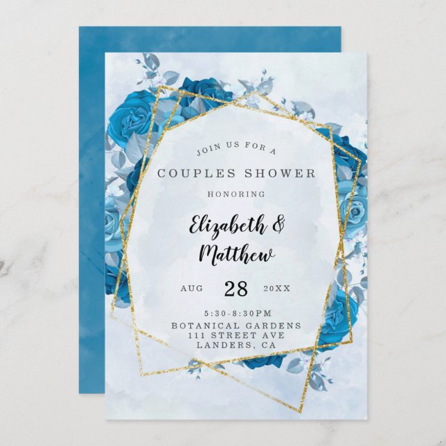 Cyan Blue Gold Geometric Couples Shower Invitation (Front/Back)