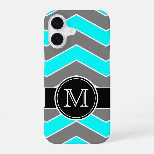 Cyan Blue, Gray, Black Chevron, Monogrammed iPhone Case (Back)