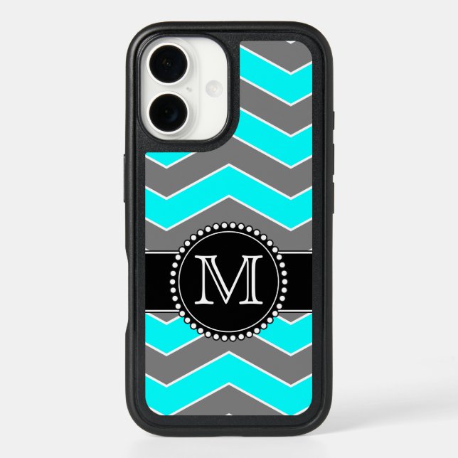 Cyan Blue, Gray, Black Chevron, Monogrammed Otterbox iPhone Case (Back)