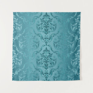Cyan Blue Green Vintage Damask Print Wall Tapestry