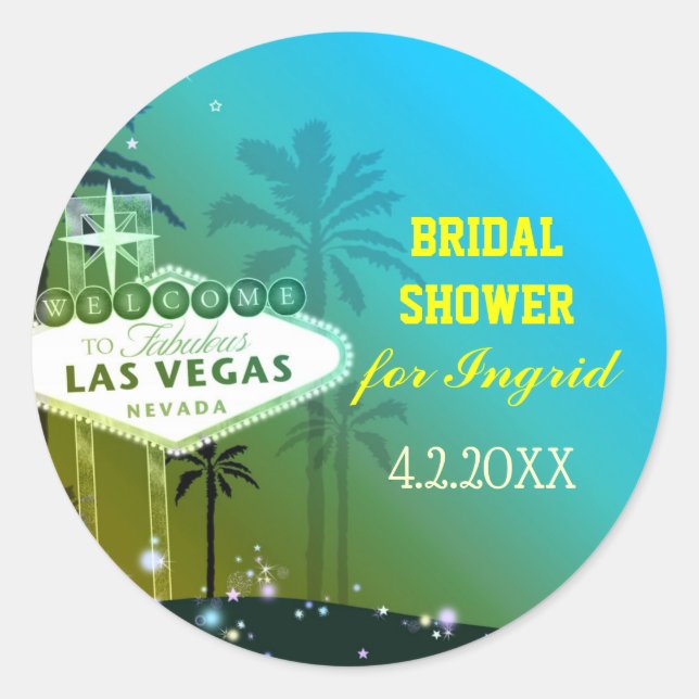 Cyan Blue Las Vegas Bridal Shower Classic Round Sticker (Front)