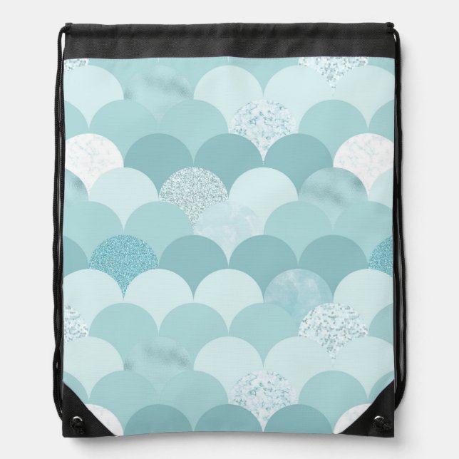 Cyan blue mermaid scales drawstring bag (Front)