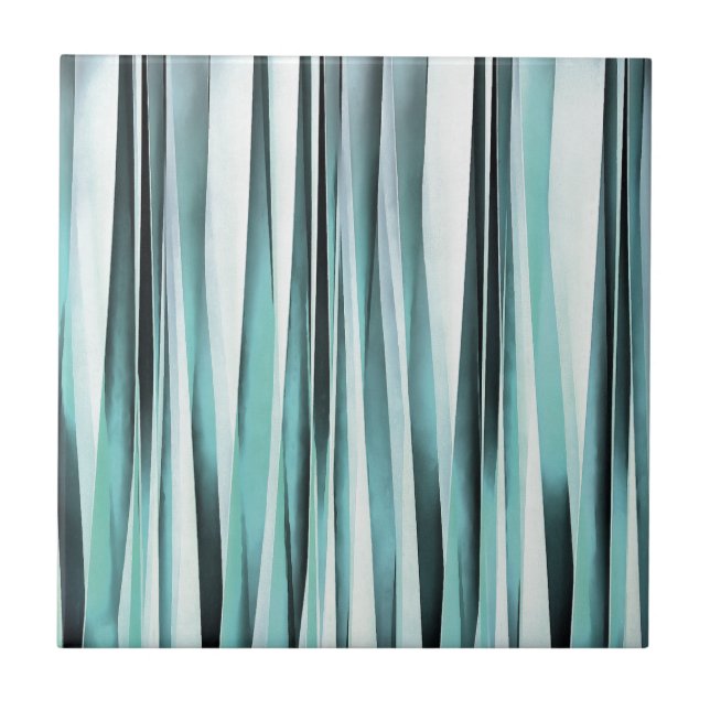 Cyan Blue Ocean Stripey Lines Pattern Ceramic Tile (Front)