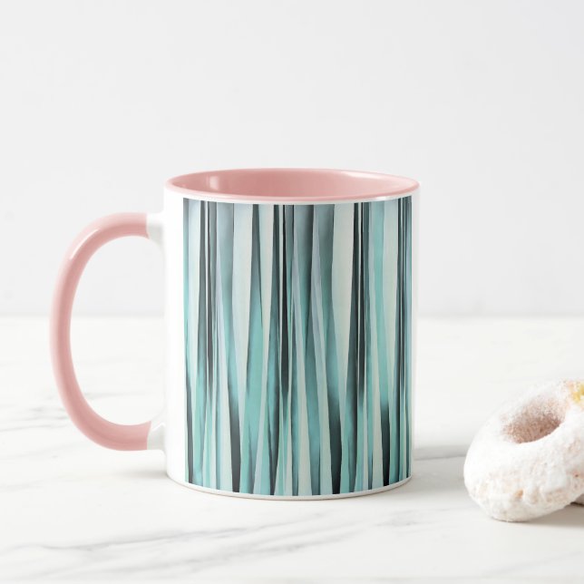 Cyan Blue Ocean Stripey Lines Pattern Mug (With Donut)
