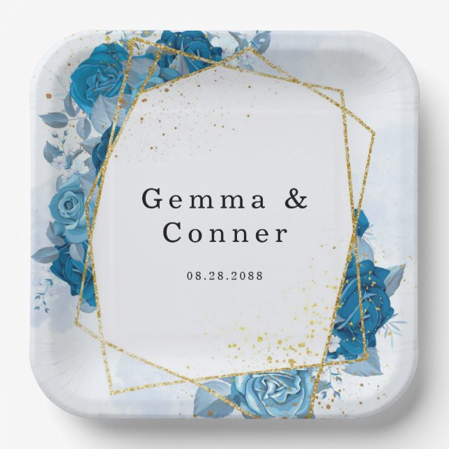 Cyan Blue Rustic Geometric Floral Wedding Paper Plates (Front)
