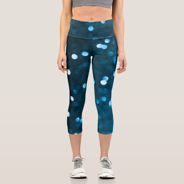 Cyan Blue Sparkly Bokeh Abstract Capri Leggings (Front)