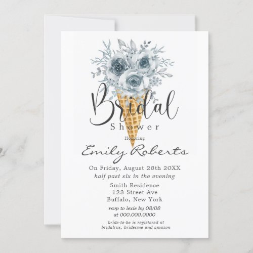 Cyan Blue Tan Peony Ice Cream Cone Bridal Shower I Invitation