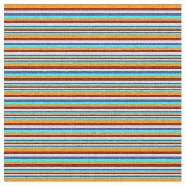 Cyan, Blue, Turquoise, Dark Red, Dark Orange Lines Fabric (Close Up)