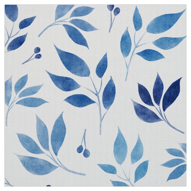 Cyan-Blue watercolor-leaves poplin-polyester- Fabric (Swatch)