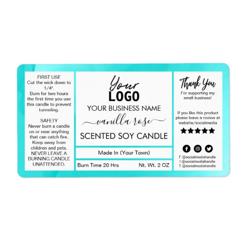 Cyan Blue Watercolor Scented Soy Candle Labels