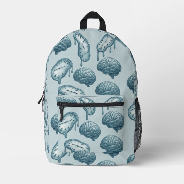 Cyan Brains and Melting Clocks on High Contrast Printed Backpack (Front)