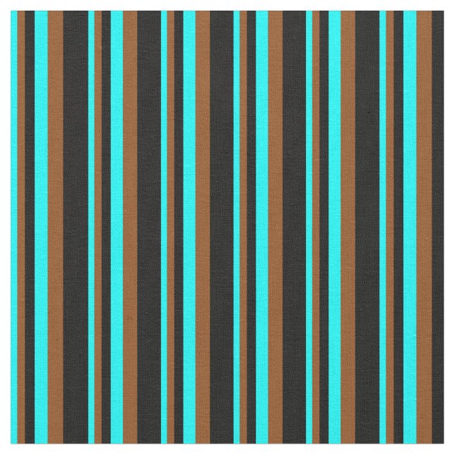 Cyan, Brown, and Black Stripes Pattern Fabric (Close Up)