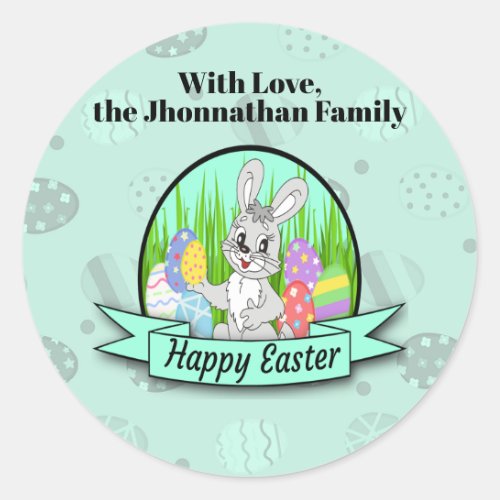 Cyan Bunny Egg Happy Easter Ribbon Word Art Classic Round Sticker