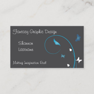 Cyan Butterflies and Leaves on Gray Business Card