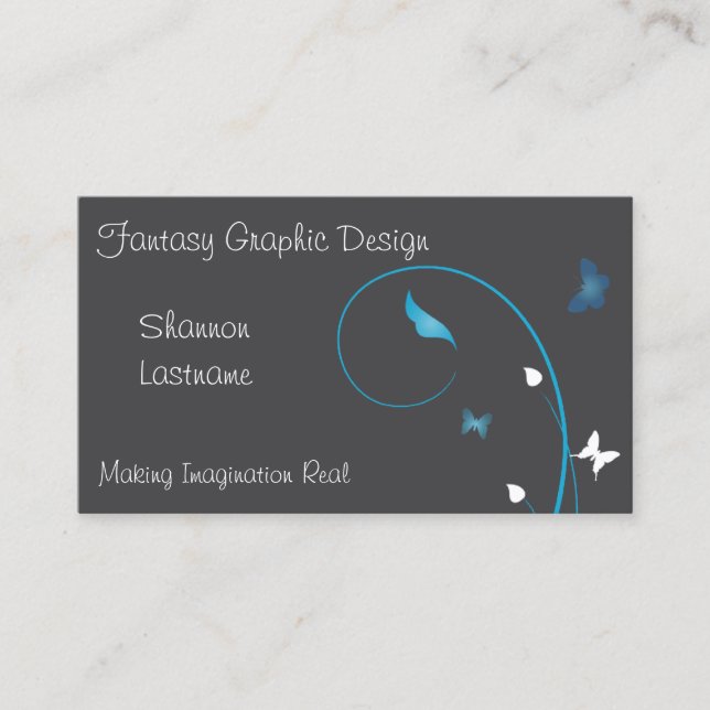 Cyan Butterflies and Leaves on Gray Business Card (Front)