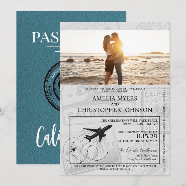 Cyan California Passport Wedding Invitation (Front/Back)