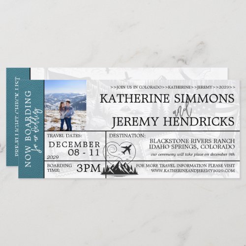 Cyan Colorado Wedding Boarding Pass Invite