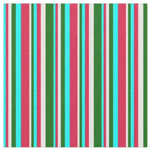 Cyan, Crimson, Mint Cream & Dark Green Pattern Fabric (Close Up)