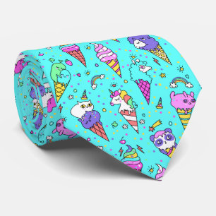 Cyan cute ice-cream can unicorn pattern neck tie