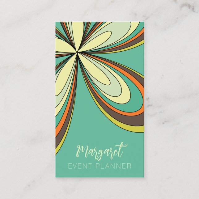 Cyan Daisy Event Planner Groovy 70s Hippie Flower Business Card (Front)