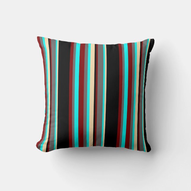 Cyan, Dim Grey, Maroon, Black & Beige Pattern Throw Pillow (Front)