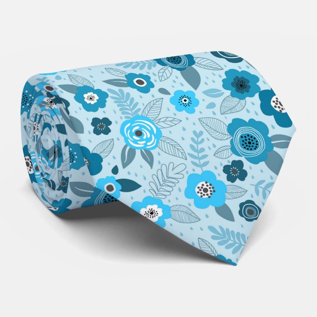 Cyan elegant ditsy floral pattern neck tie (Rolled)