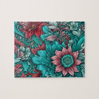 Cyan  flowers Surreal Blossoms in red and blue
