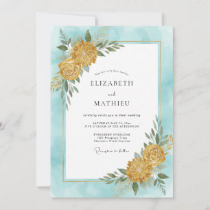 Cyan Gold Dahlia Wedding Invitation
