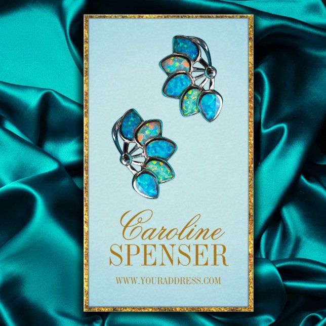 Cyan Golden Border Customizable Earring Display Business Card (Perfect for business)